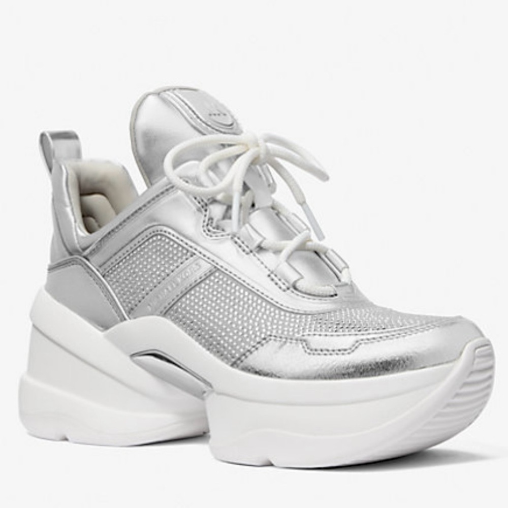 MICHAEL KORS OLYMPIA CRYSTAL EMBELLISHED SNEAKERS, SILVER, SIZE 8.5 NEW $295.